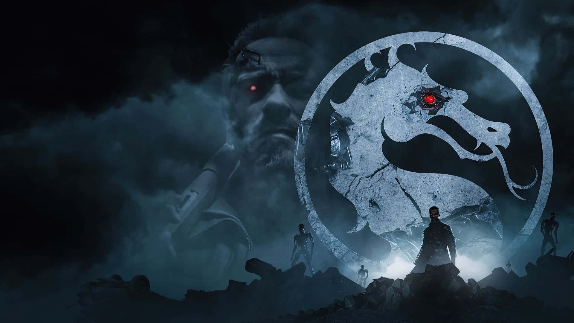即刻展開動作：全新《真人快打2021》 壁紙 — 一個黑暗的電影場景，有一個發光的紅眼龍標誌和一個威脅的人物潛伏在暴風雲後面。