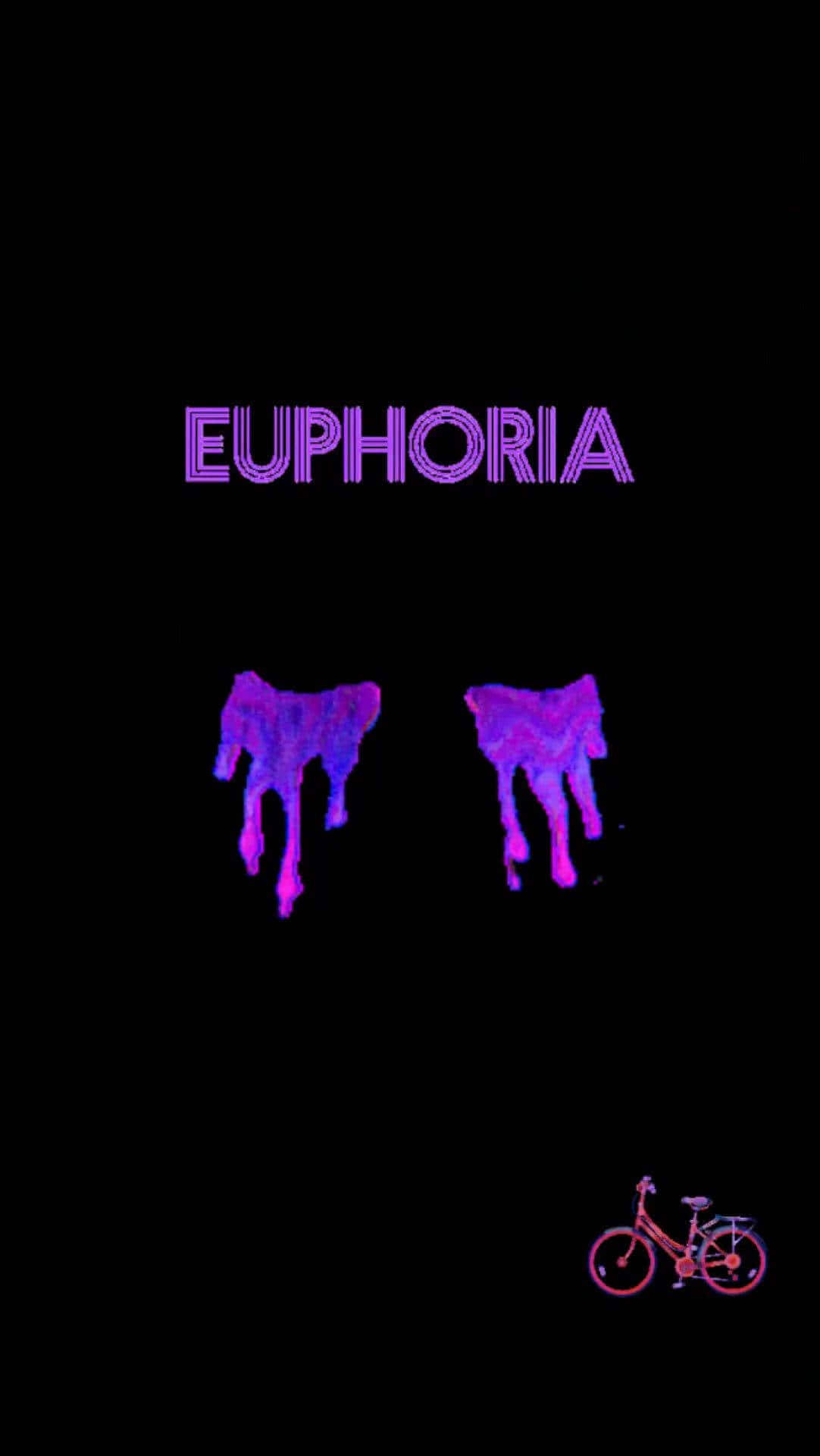 紫色霓虹文字 euphoria，帶有融化的人物和單車，黑色背景。