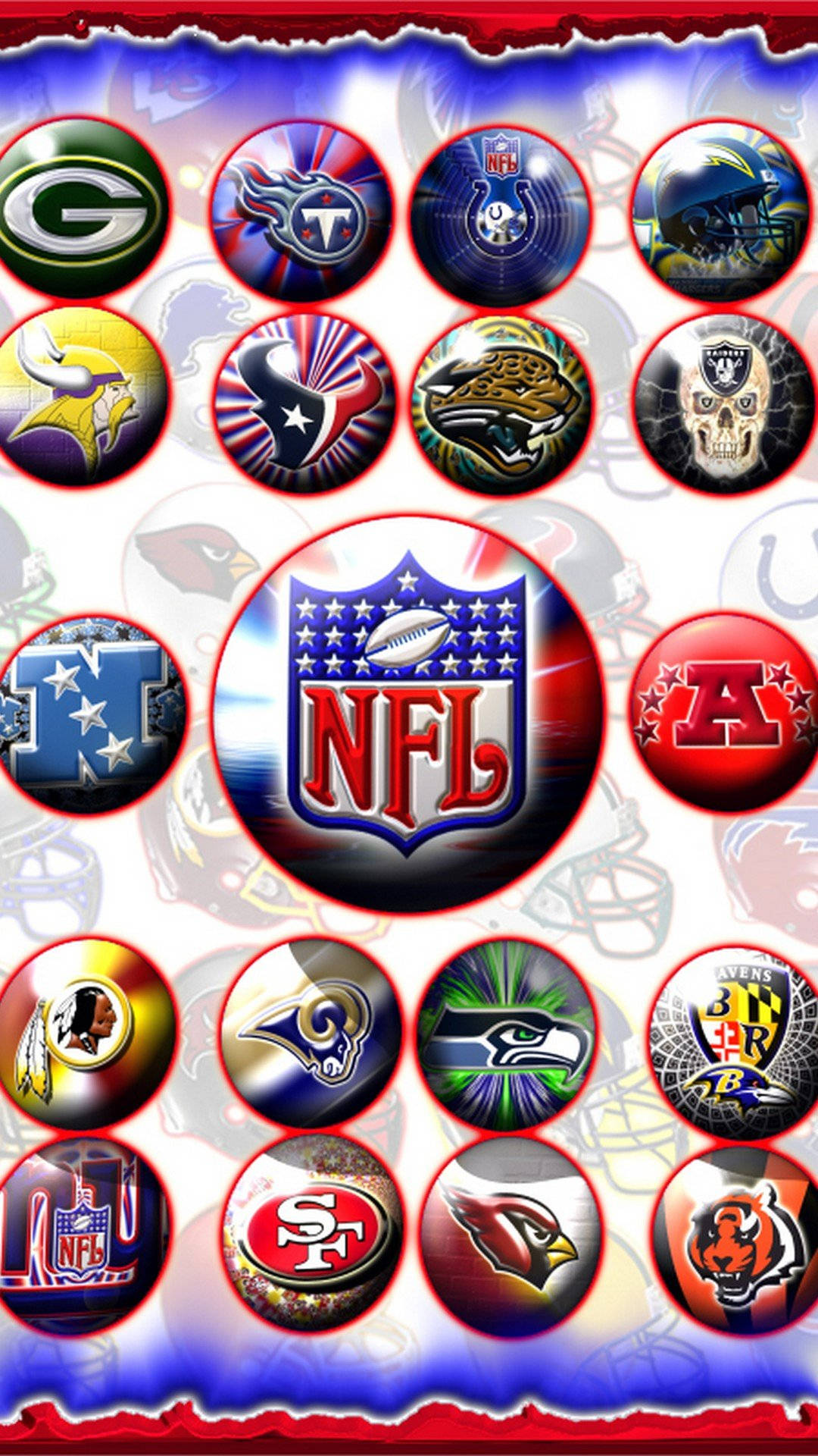 在風格化背景上的圓形框架內的NFL球隊標誌。