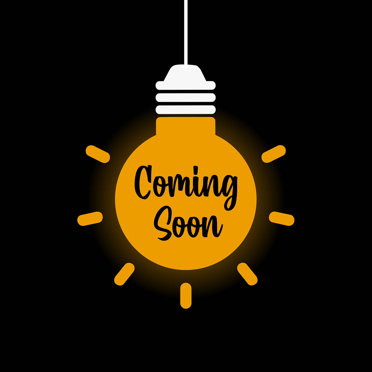 一個發光的燈泡，帶有「Coming Soon」文字，在黑色背景上。