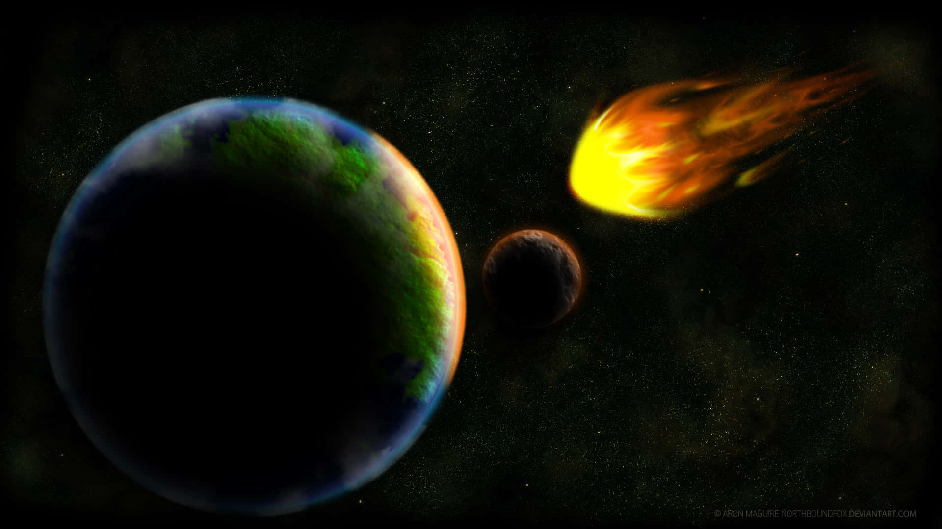 一顆發光的行星，有一顆熾熱的流星在太空中掠過。
