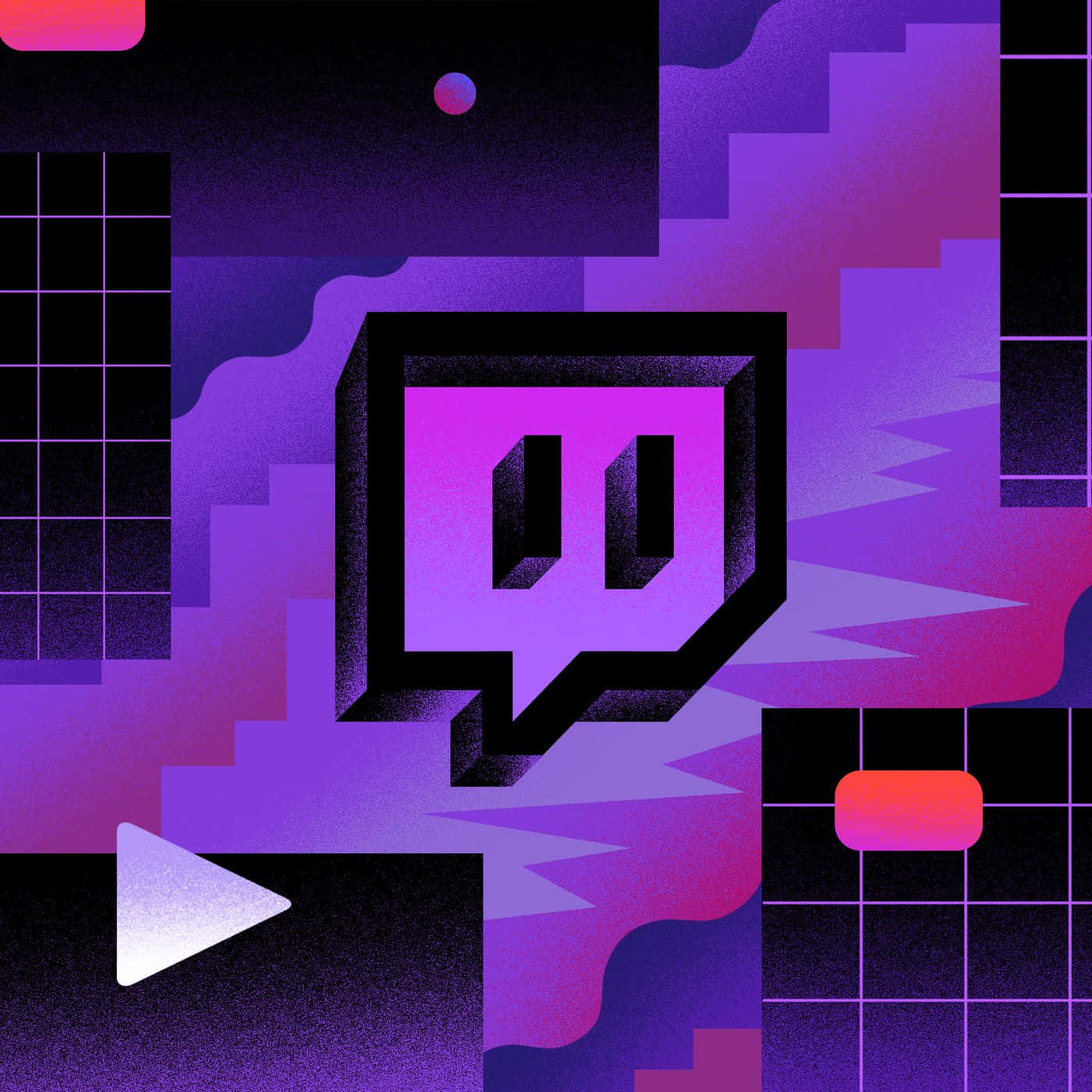 一個風格化的3D紫色和黑色Twitch標誌，置於未來主義抽象背景上。
