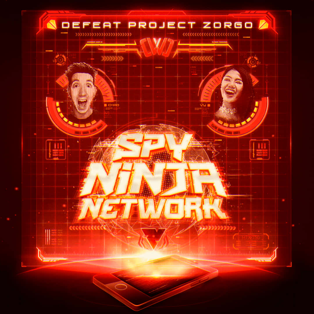 Spy Ninja Network的未來風格紅色數位介面，HUD中有兩個微笑的臉孔。
