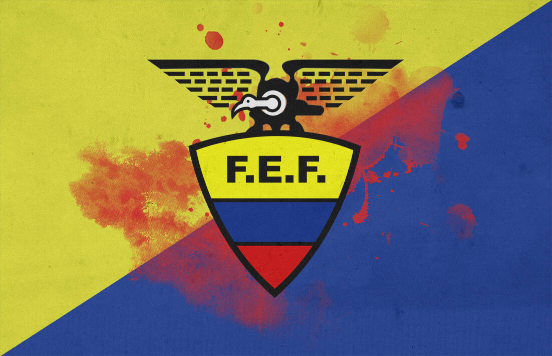 厄瓜多爾國家足球隊F.E.F.隊旗 壁紙 — 一個大膽的哥倫比亞足球總會徽章，帶有鷹和濺灑的黃、藍、紅色油漆。