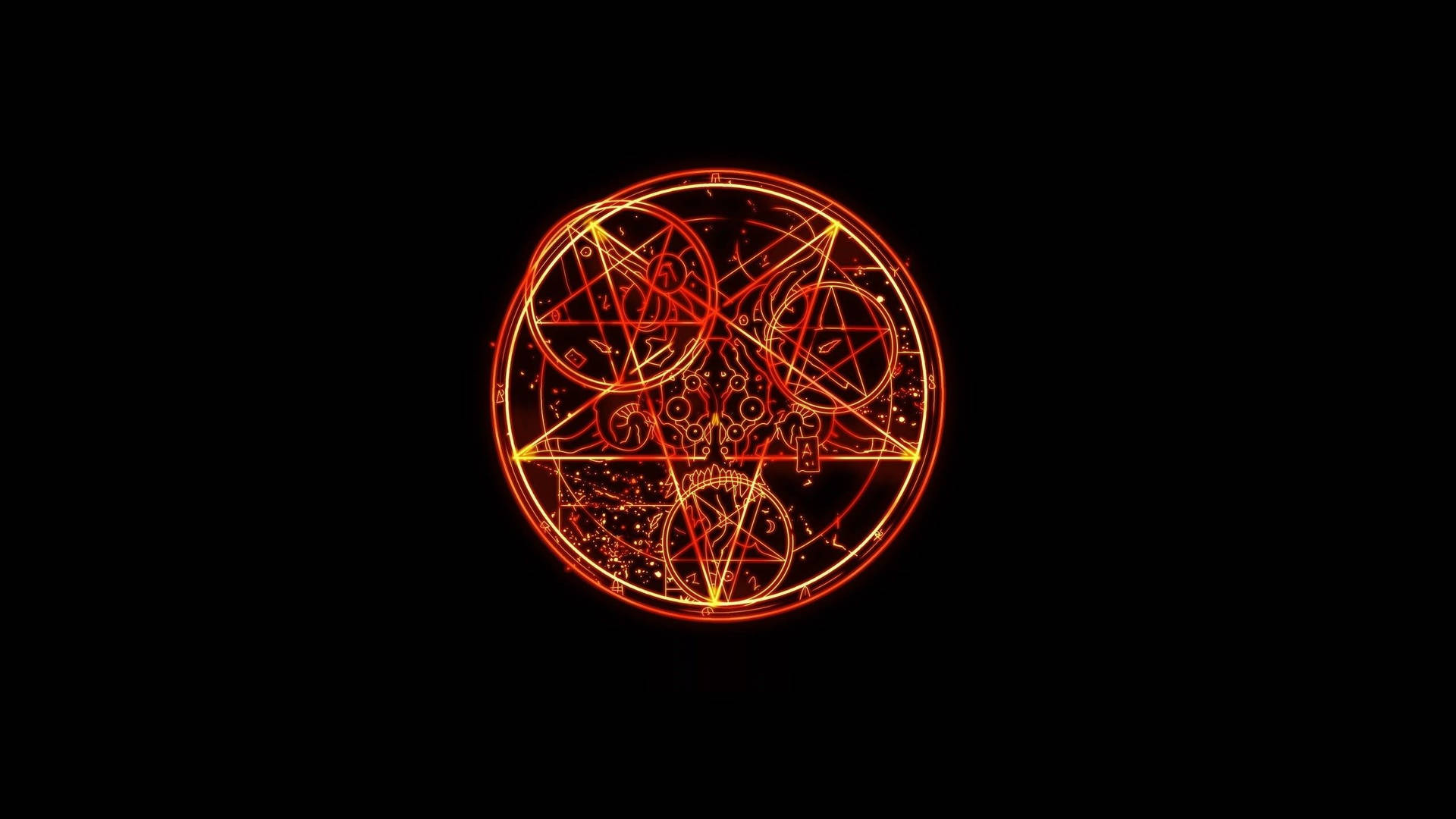 黑色背景上帶有神秘符號的發光紅色五角星