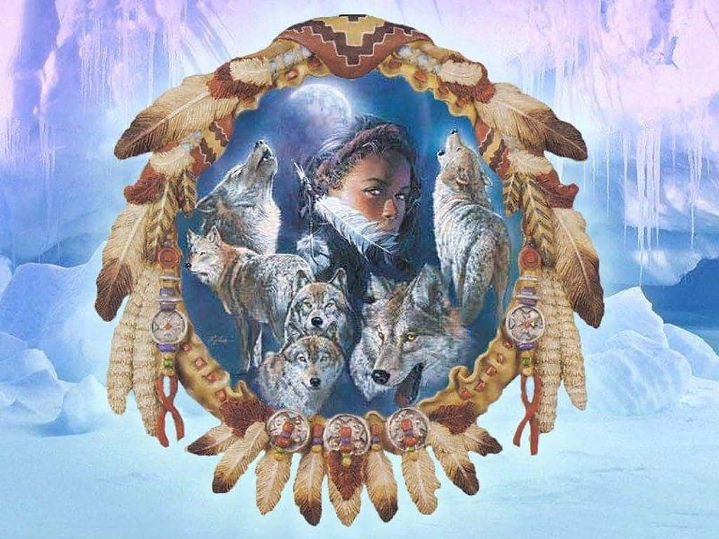 年輕女子與狼在捕夢網中，背景是冰冷的冬日景觀，滿月高懸。