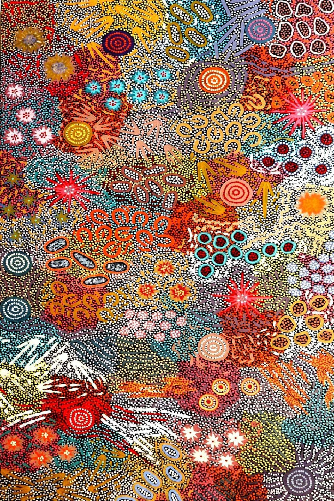 原住民花卉藝術 壁紙 — 充滿活力的抽象藝術作品，由彩色圓點圖案組成，形成漩渦形狀和花卉圖案。