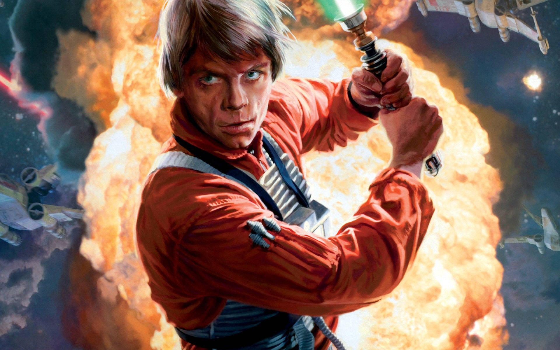 Luke Skywalker 喺一場有爆炸嘅太空戰鬥中用綠色光劍戰鬥。