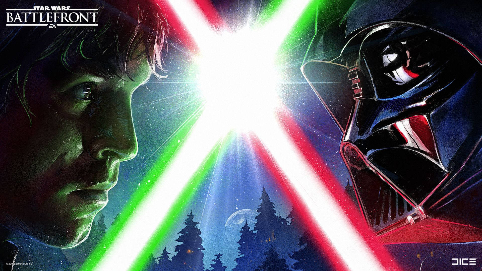 Luke Skywalker 與 Darth Vader 在夜間森林中以綠色和紅色光劍交鋒。