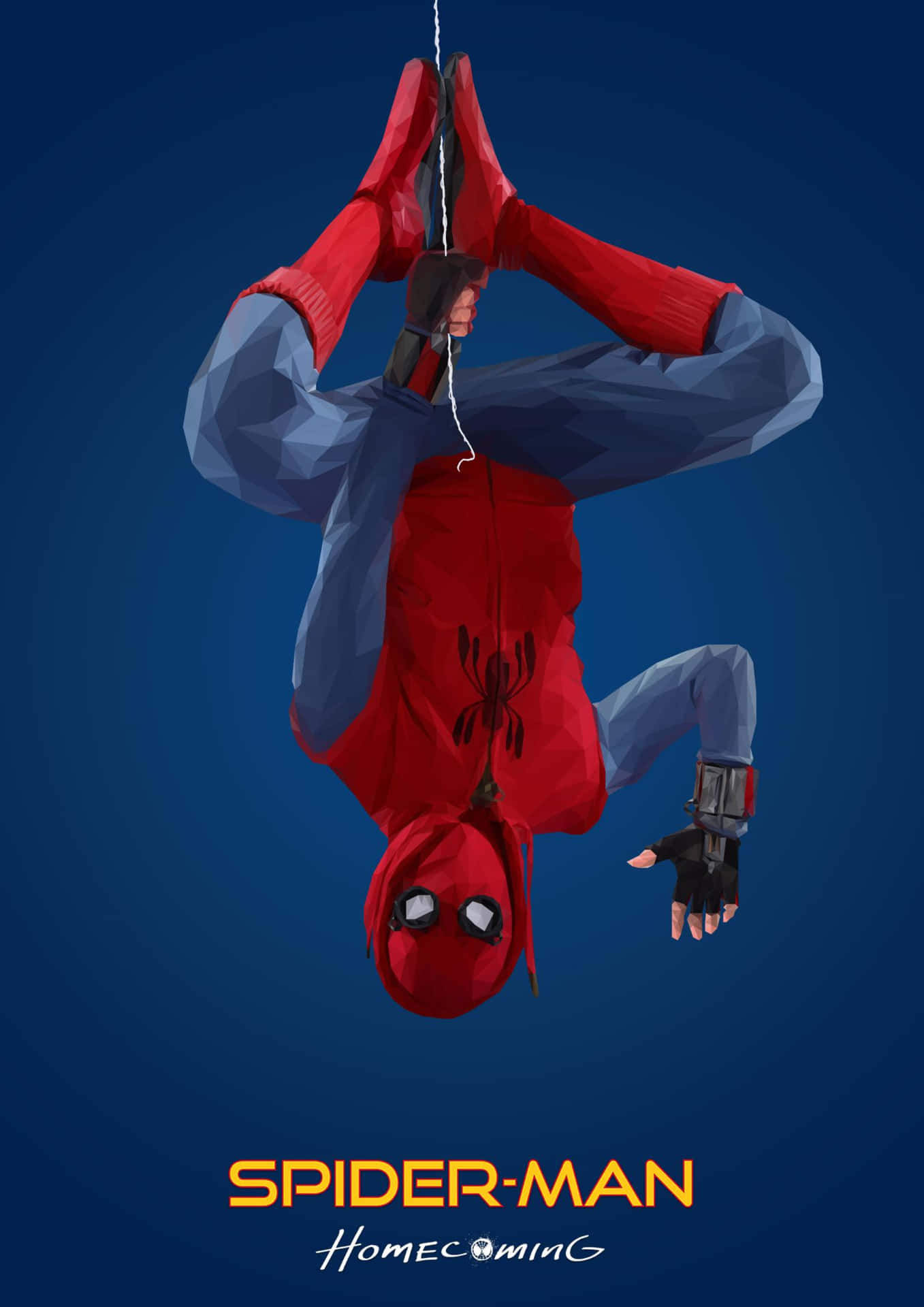 蜘蛛俠以低多邊形數碼藝術風格倒掛，帶有'Spider-Man Homecoming'文字。