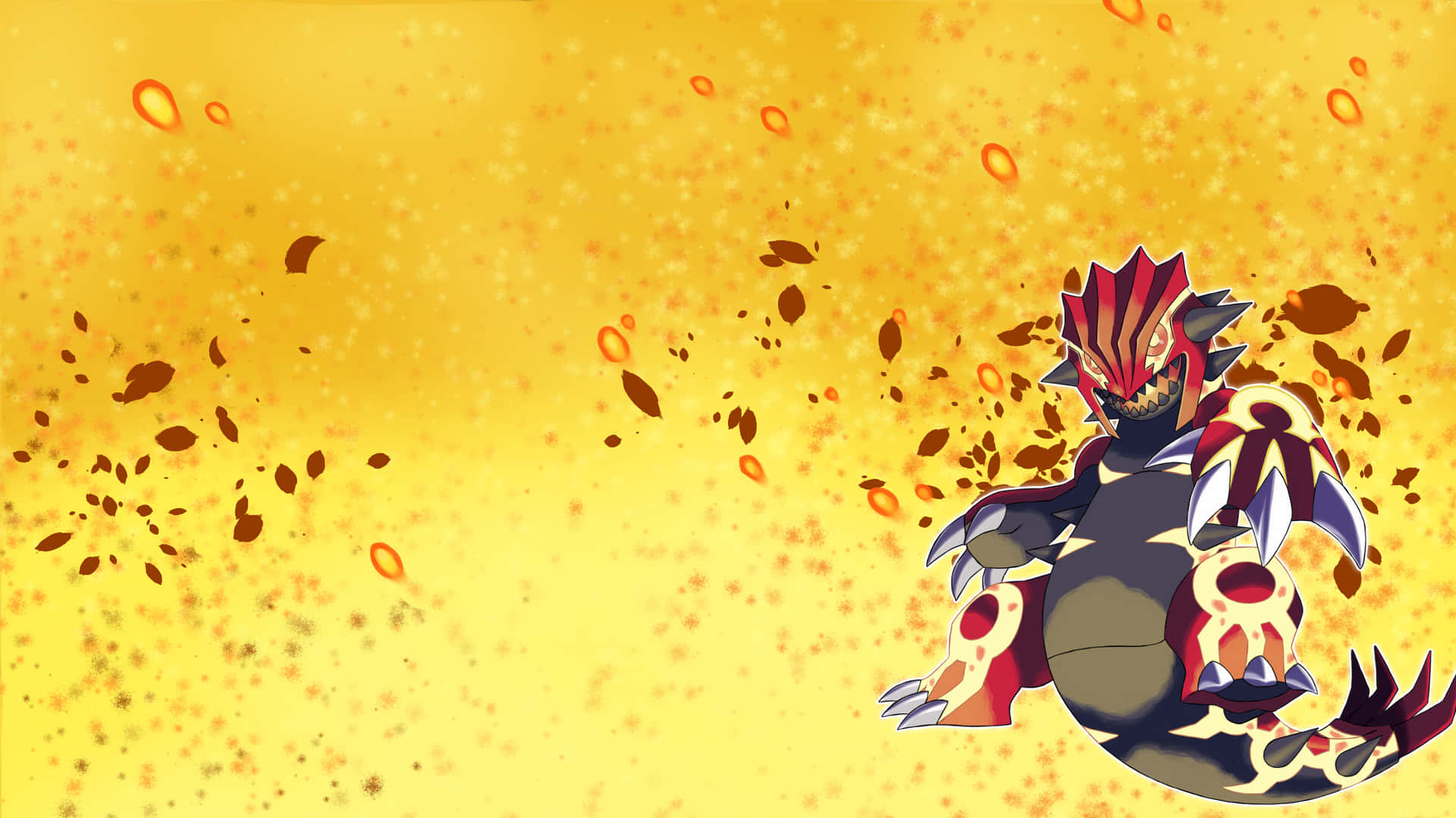一隻火熱的動漫寶可夢，被發光粒子和落葉環繞。