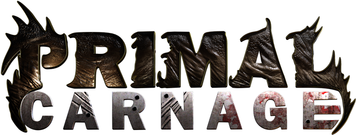 原始屠殺標誌 壁紙 — 黑色背景上帶有血跡和鋸齒邊緣的 Primal Carnage 粗獷金屬標誌。