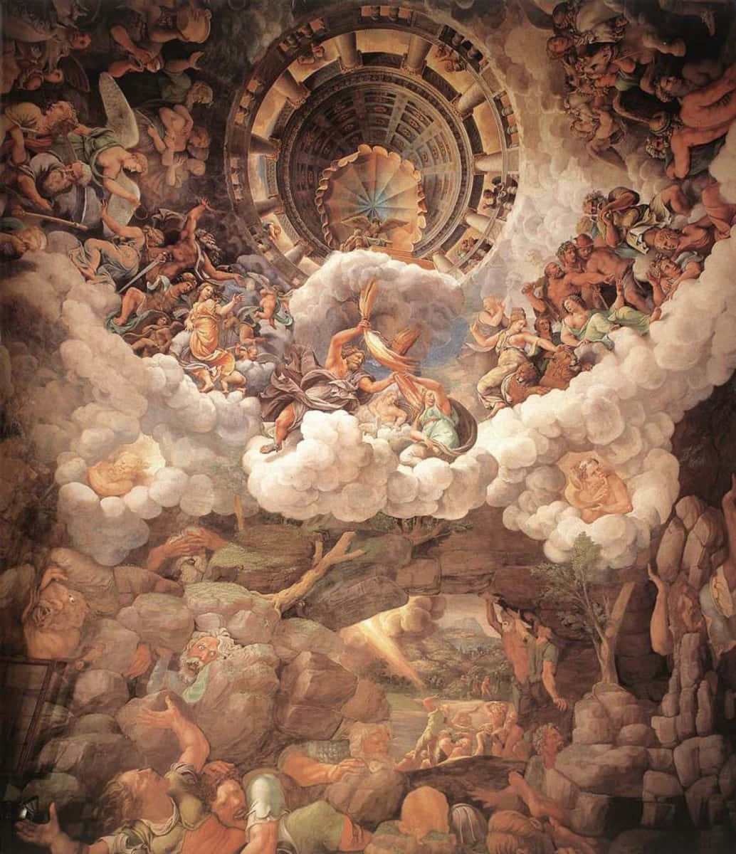 原始希臘神祇 壁紙 — 一幅戲劇性的油畫描繪了一個神聖場景，人物穿過雲層向著光芒四射的天國之門上升。
