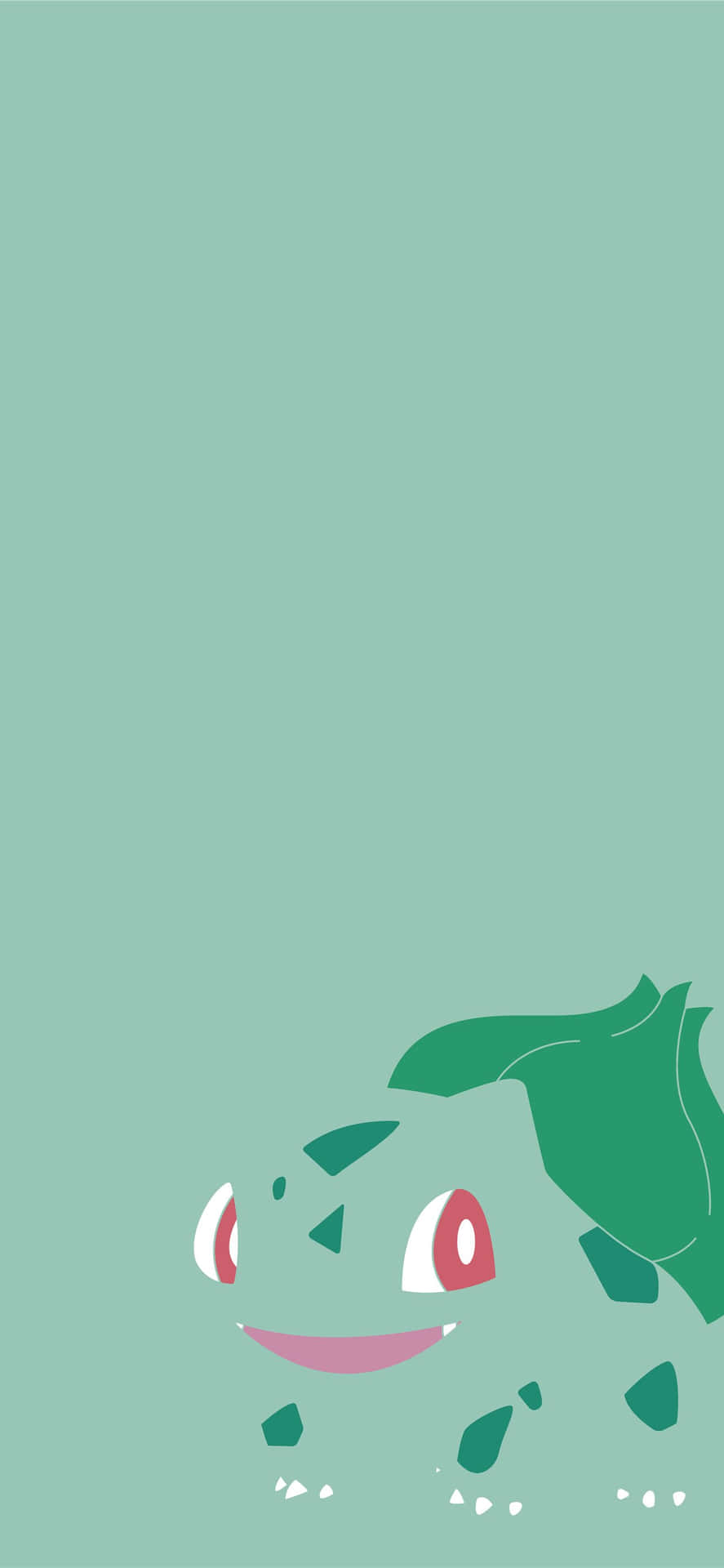原始形態的妙蛙草 壁紙 — 一隻簡約綠色嘅 Bulbasaur 從底部向上望，襯托純薄荷色背景。