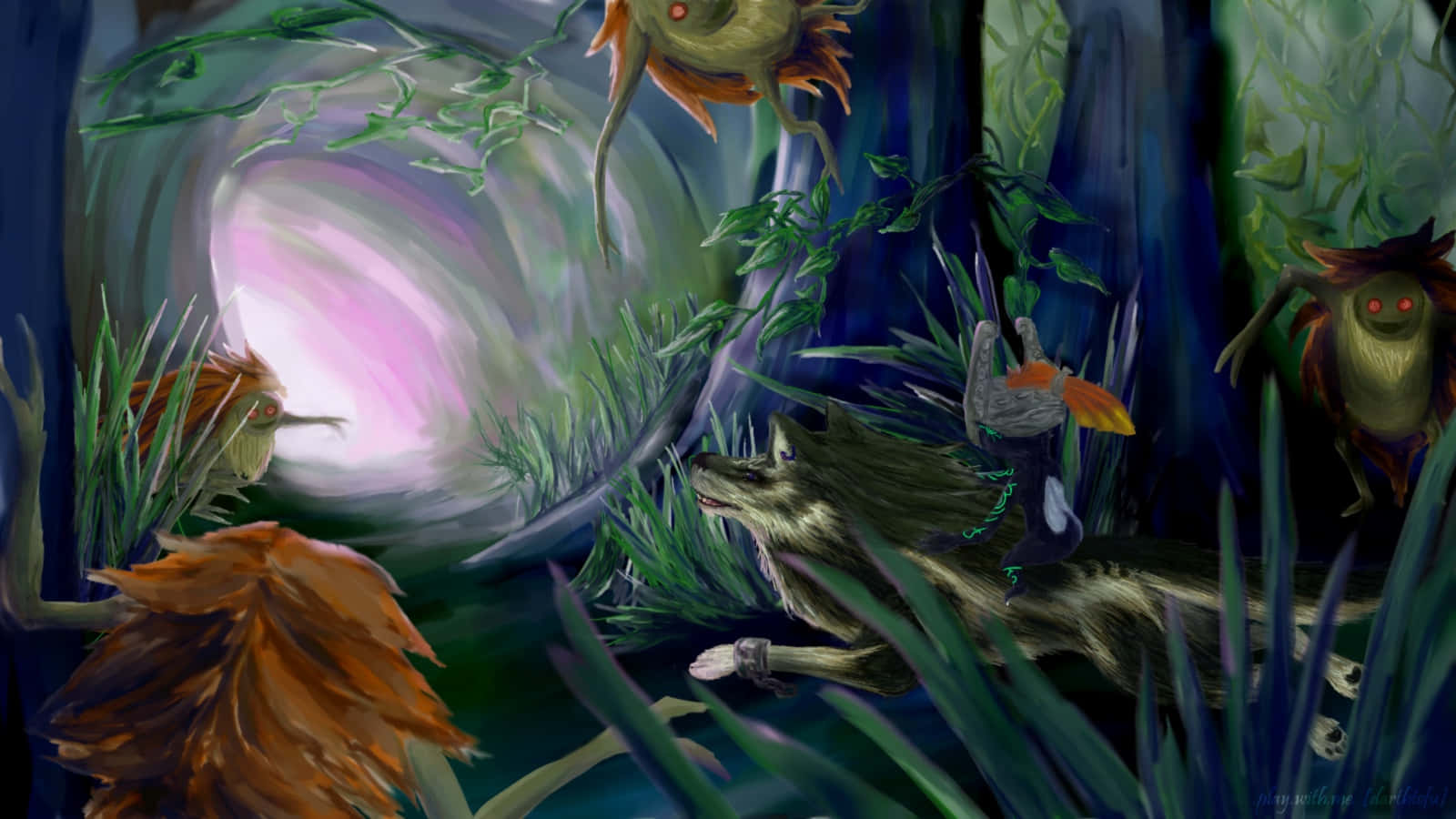 原始森林生物 壁紙 — 一個神秘的森林場景，有發光的生物和一個像狼的身影，周圍是充滿活力的綠色樹葉和一個旋轉的粉紅色傳送門。