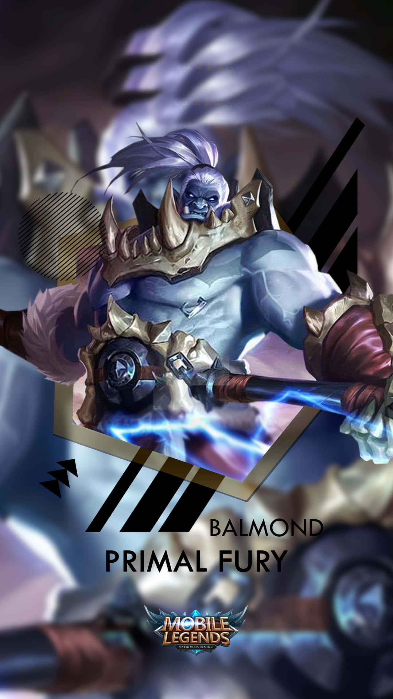 原始狂怒巴爾蒙德《Mobile Legends》 壁紙 — 一位肌肉發達、藍皮膚、白髮的戰士，以動態的動畫戰鬥姿勢揮舞著發光的藍色武器。