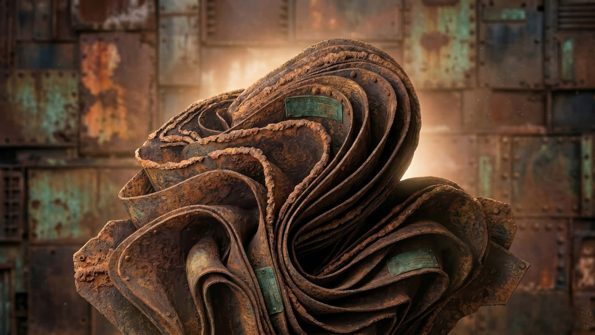 原始鏽蝕盛開 II 模組化桌面壁紙，增強版 壁紙 — 一個生鏽的金屬雕塑，帶有漩渦狀的有機形態，矗立在風化的工業面板背景下，散發著溫暖的光芒。