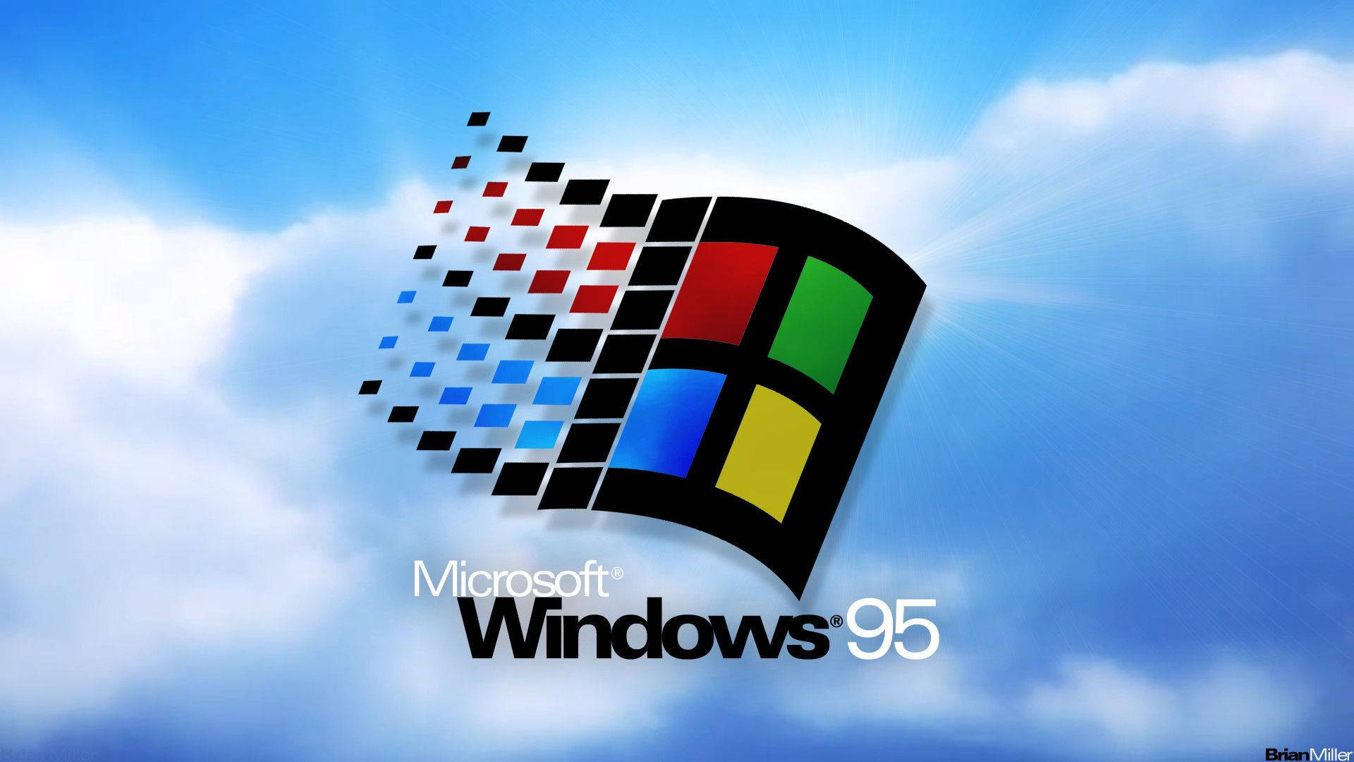 Windows 95 標誌，帶有像素軌跡，背景為藍天白雲