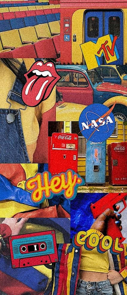 原版iPhone以80年代風格重塑 壁紙 — 充滿活力的復古流行文化圖標拼貼，包括 MTV 標誌、滾石樂隊舌頭、可口可樂自動售貨機和卡式錄音帶。