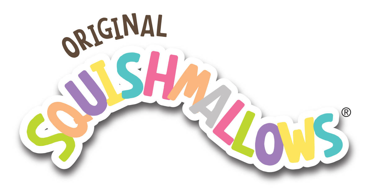 原版Squishmallows標誌 壁紙 — Original Squishmallows 的彩色拱形標誌，帶有俏皮的多色字母和白色背景。