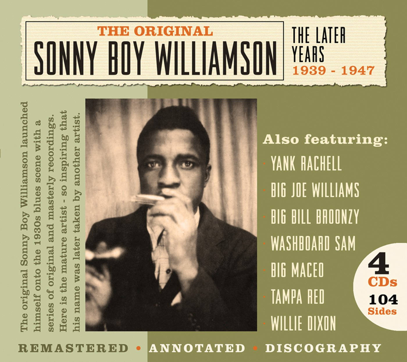 原版專輯《Sonny Boy Williamson I》 壁紙 — 復古專輯封面，Sonny Boy Williamson 吹奏口琴，粗體字體，橄欖綠背景。