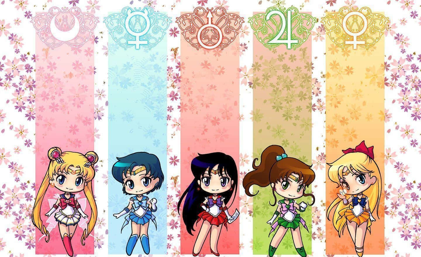 五個穿著水手服的Q版動畫女孩站在帶有花卉圖案和占星符號的柔和色調橫幅上。