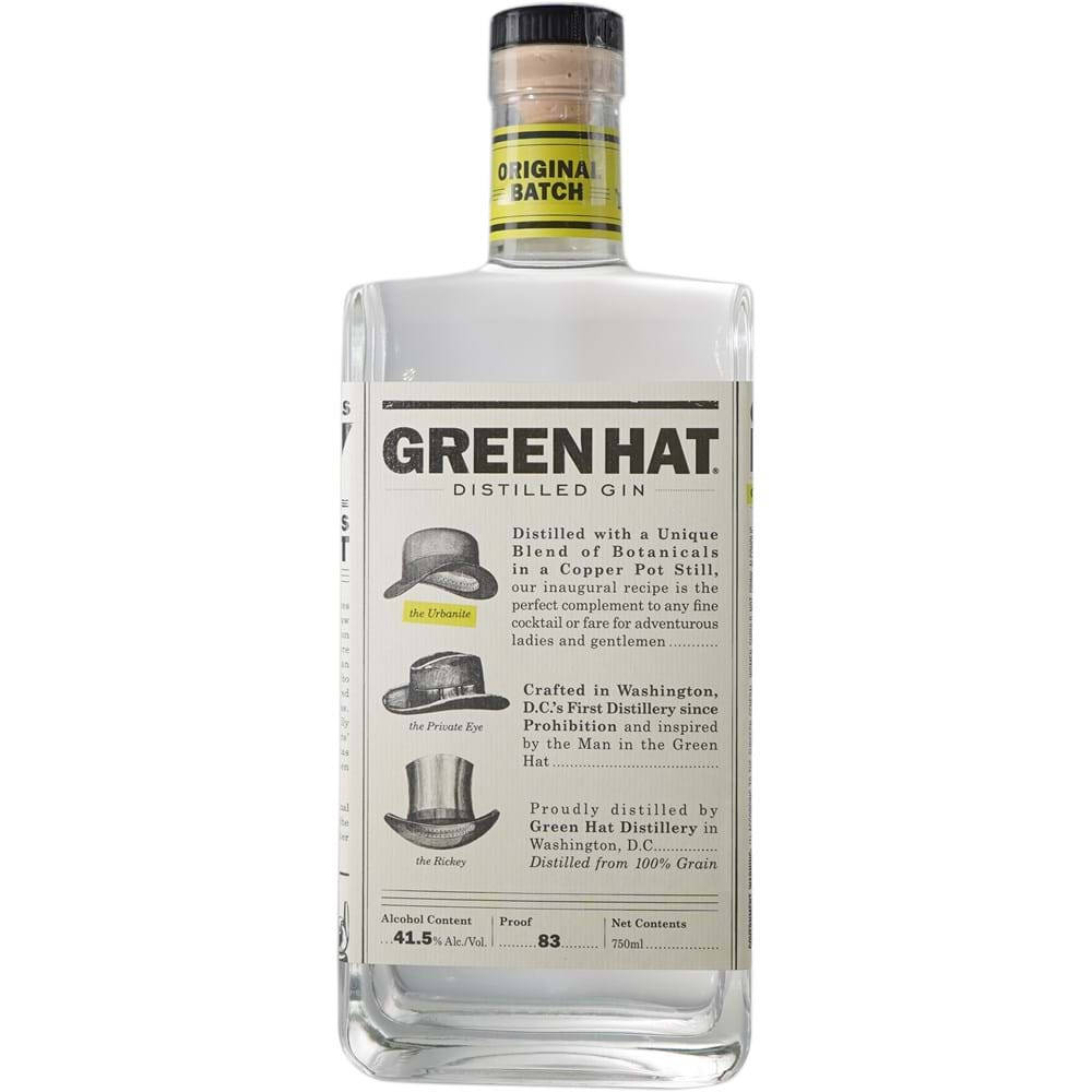 Green Hat Distilled Gin 瓶子，帶有帽子插圖和產品詳細信息。