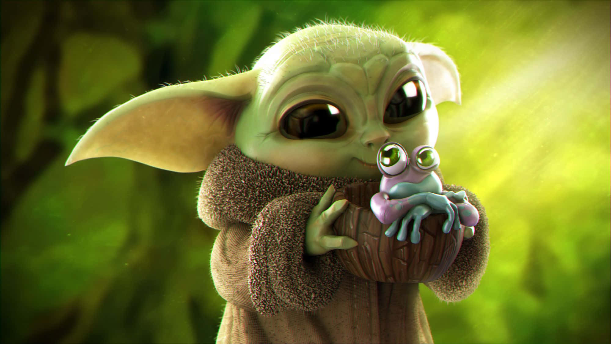 原版角色 Baby Yoda 卡通 壁紙 — 一個可愛的綠色小尤達在發光的綠色森林背景下，用木碗捧著一隻紫色小青蛙。