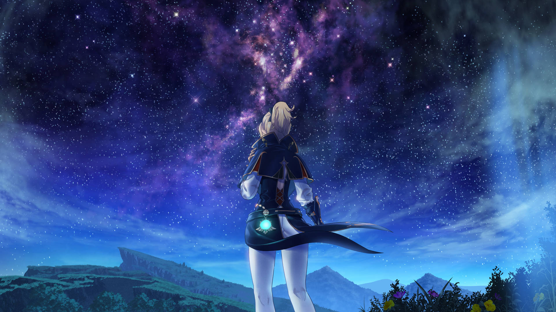 穿著奇幻服裝的動漫角色站在星空下的山丘上