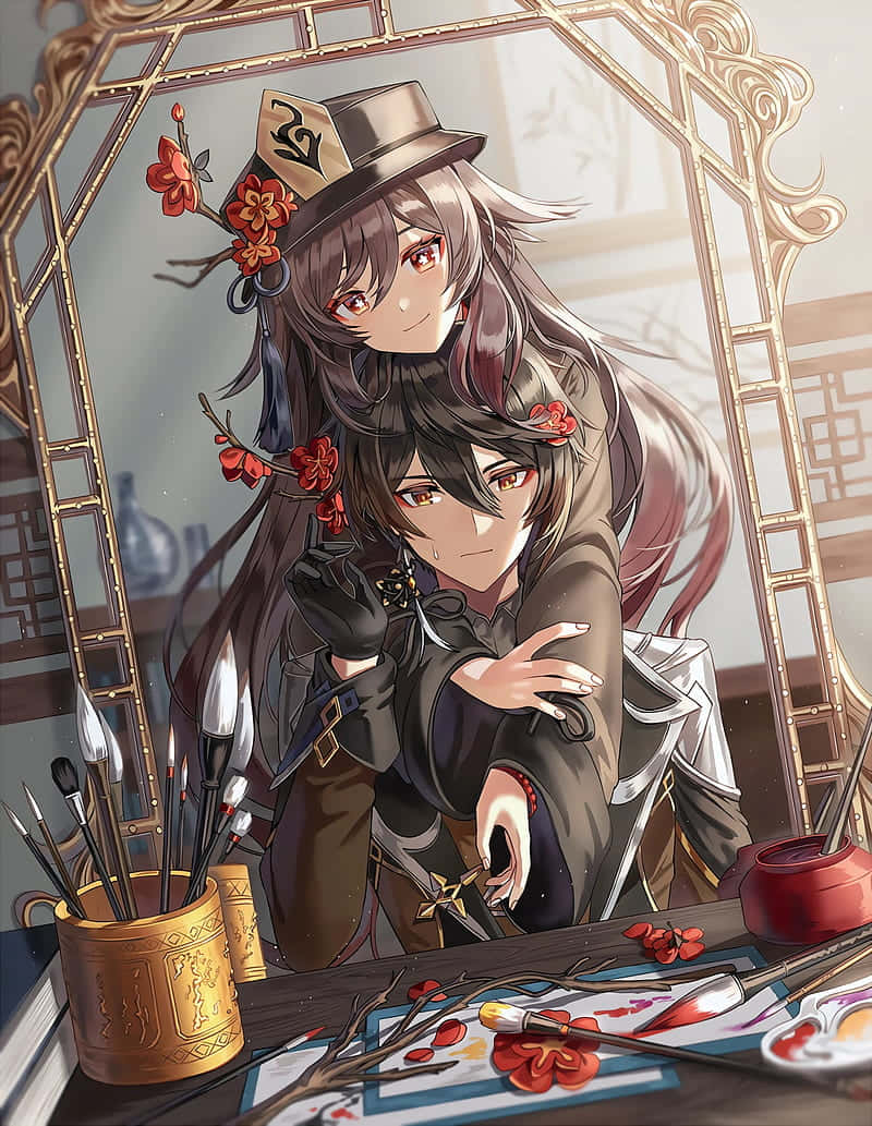 《原神》Hu Tao與Zhongli於殯儀館鏡前合照PFP 壁紙 — 兩位身穿傳統服飾的動漫女孩，以紅花點綴鏡子和放有畫筆與墨水的畫桌。