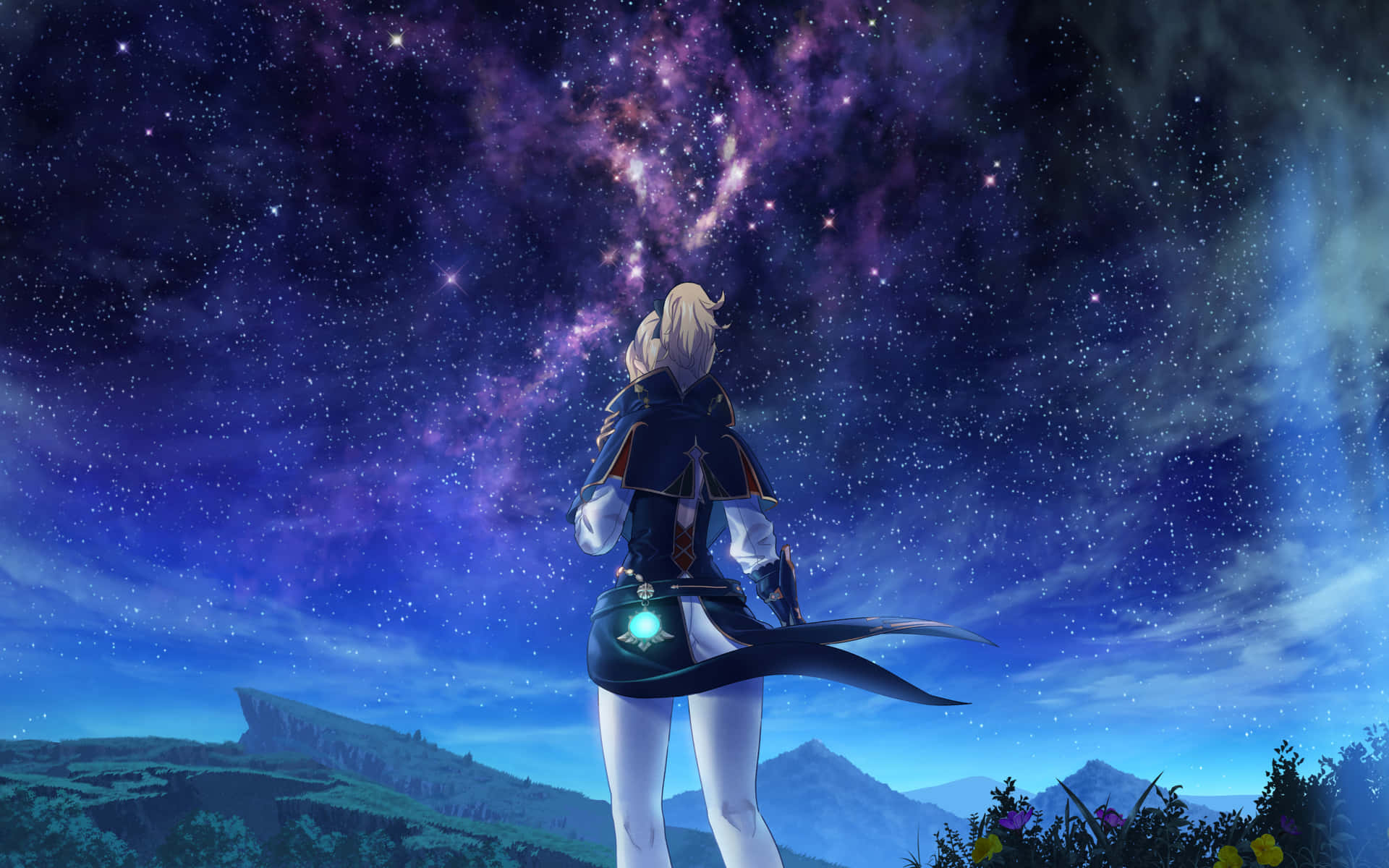 金發動漫角色站在山丘上，在帶有發光星雲的星空下。