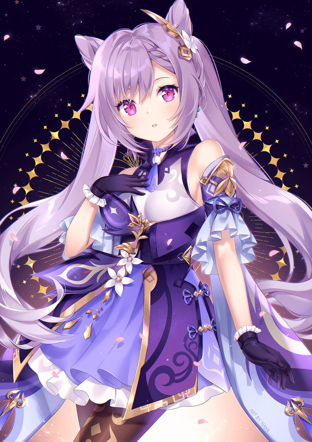 紫髮貓耳動漫少女在星空下與飄落的花瓣。