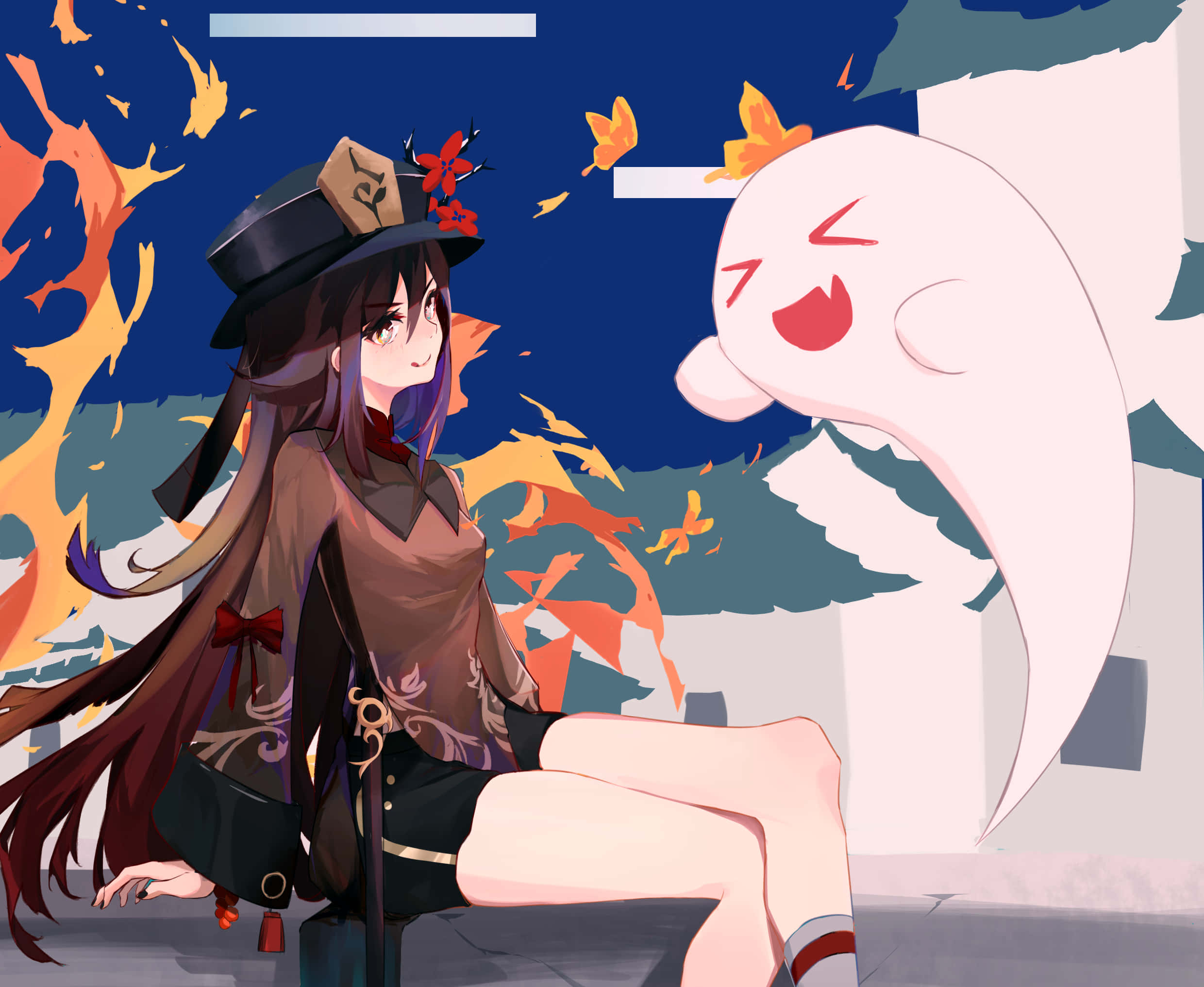 《原神》中火元素戰士胡桃的近距離特寫 壁紙 — 一個戴著高帽的年輕動漫女孩，在深藍色天空的背景下，坐在一個快樂的幽靈旁邊，周圍是火紅的橙色樹葉。