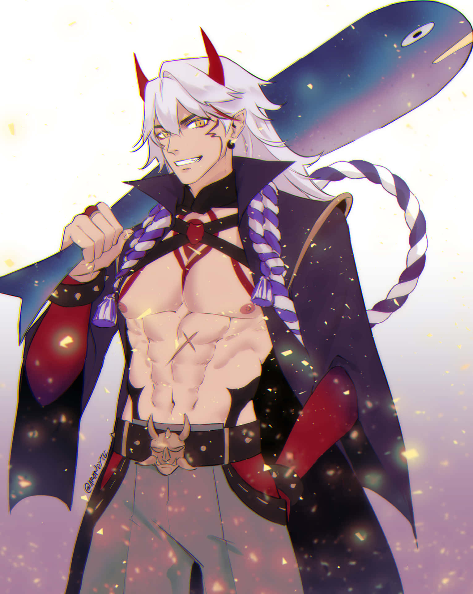 動漫惡魔戰士，白髮紅角，手持巨大的魚劍。