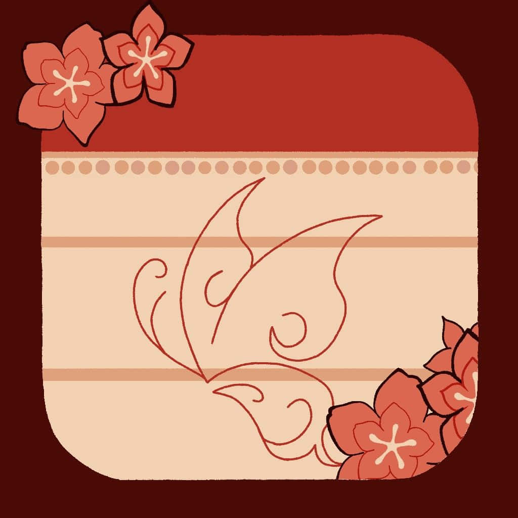 《原神》中的角色胡桃 壁紙 — 一款風格化的紅色和米色牆紙，帶有花卉角落和中央漩渦線條設計。