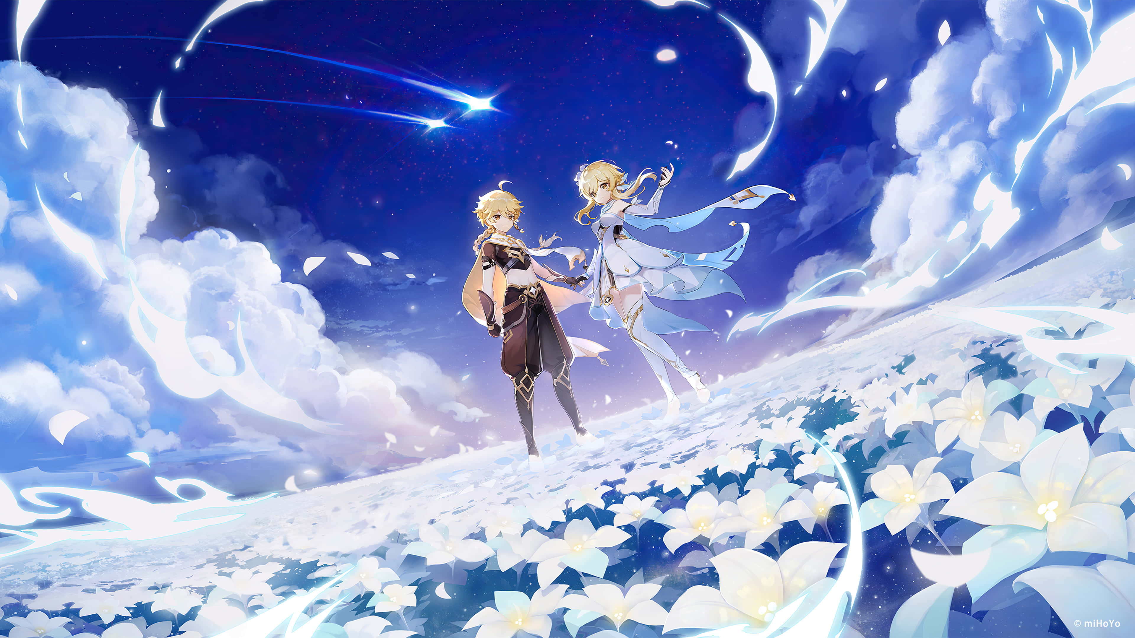 《原神》旅行者雙胞胎同款頭像 壁紙 — 兩個動漫角色站在白雪覆蓋的山丘上，星空下閃爍的花朵和旋轉的宇宙能量。