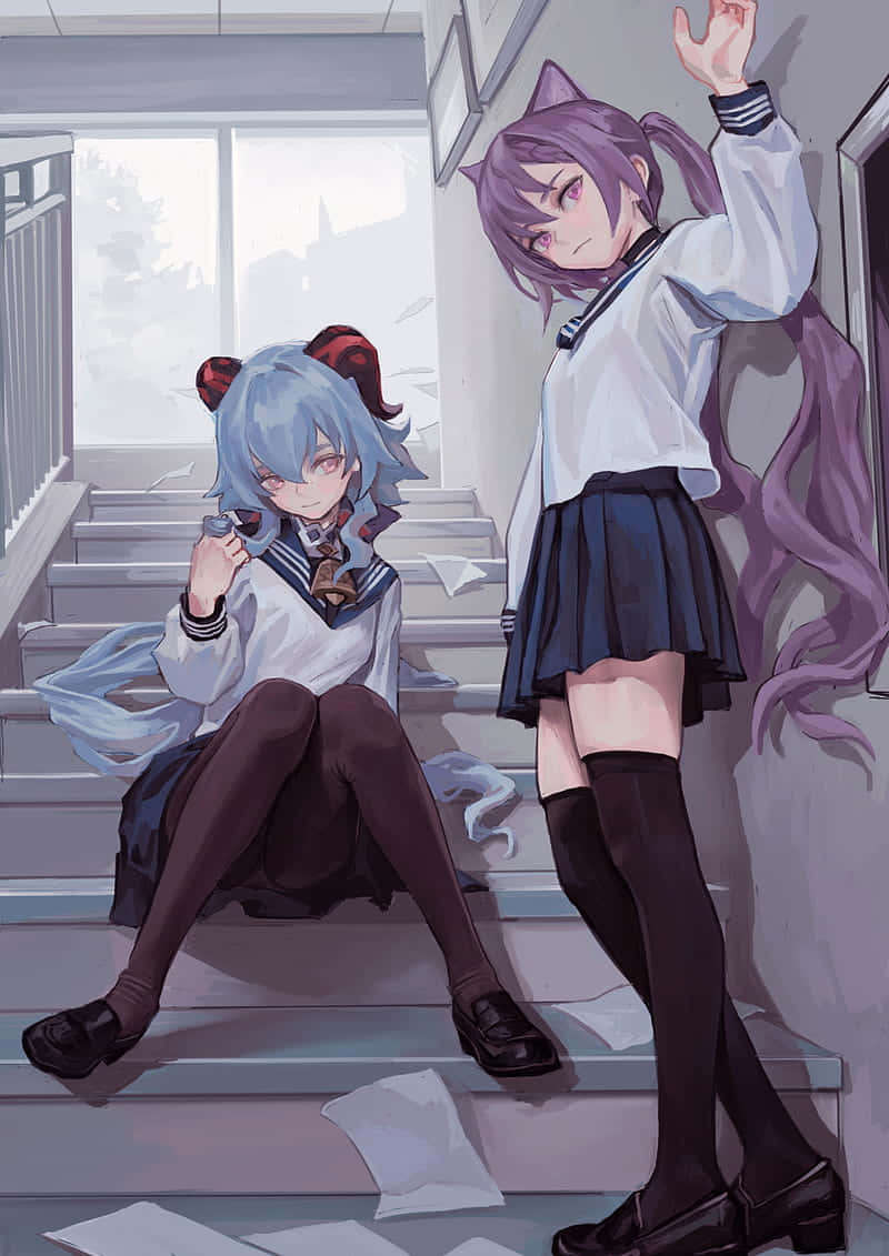 《原神》甘雨與凱亞校服配對頭像 壁紙 — 兩個穿著校服嘅動漫女仔坐喺樓梯上，周圍散落紙張，一個有貓耳，另一個有紅色蝴蝶結