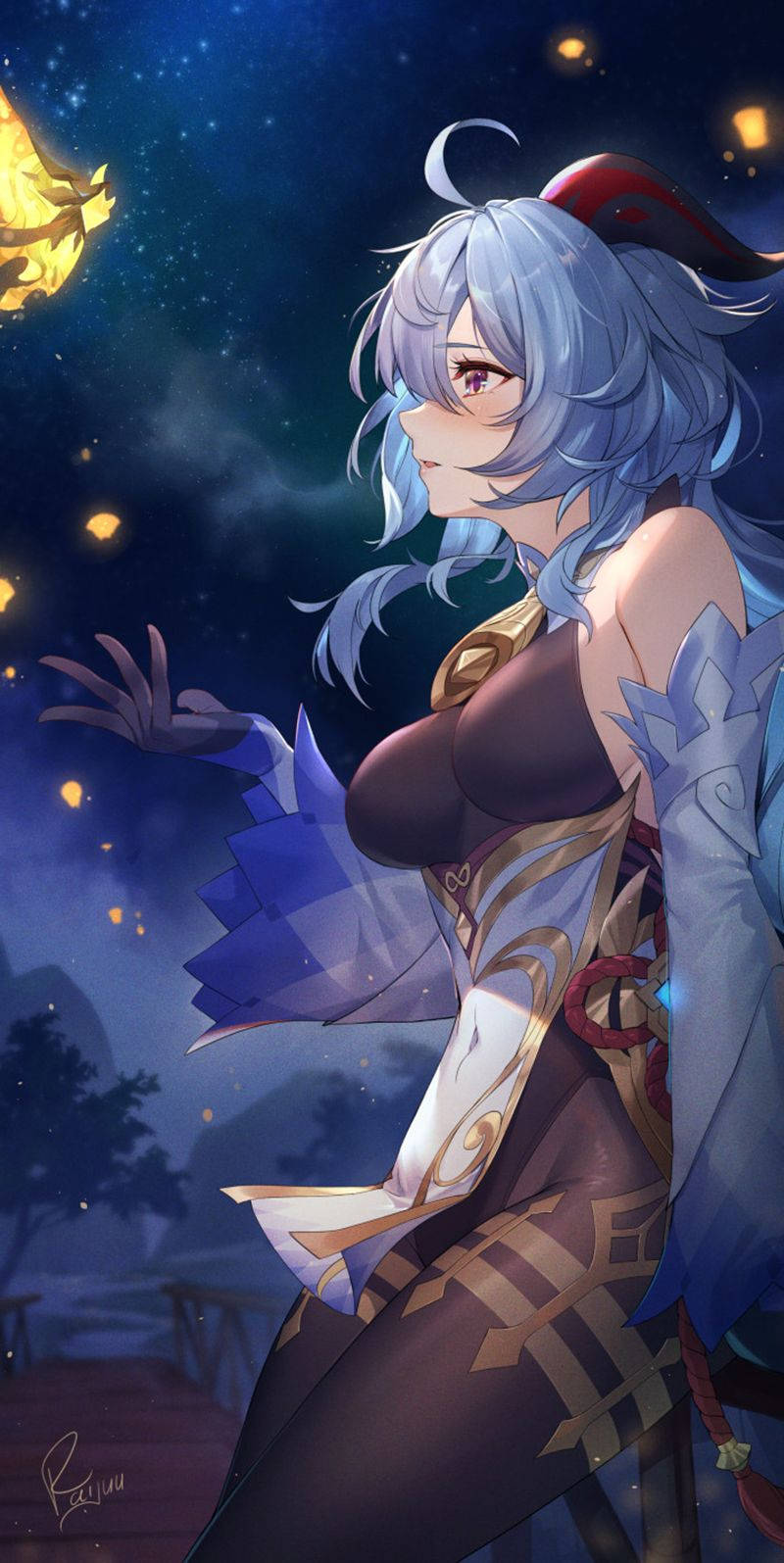 銀髮藍甲動漫女孩，星空下漂浮燈籠。