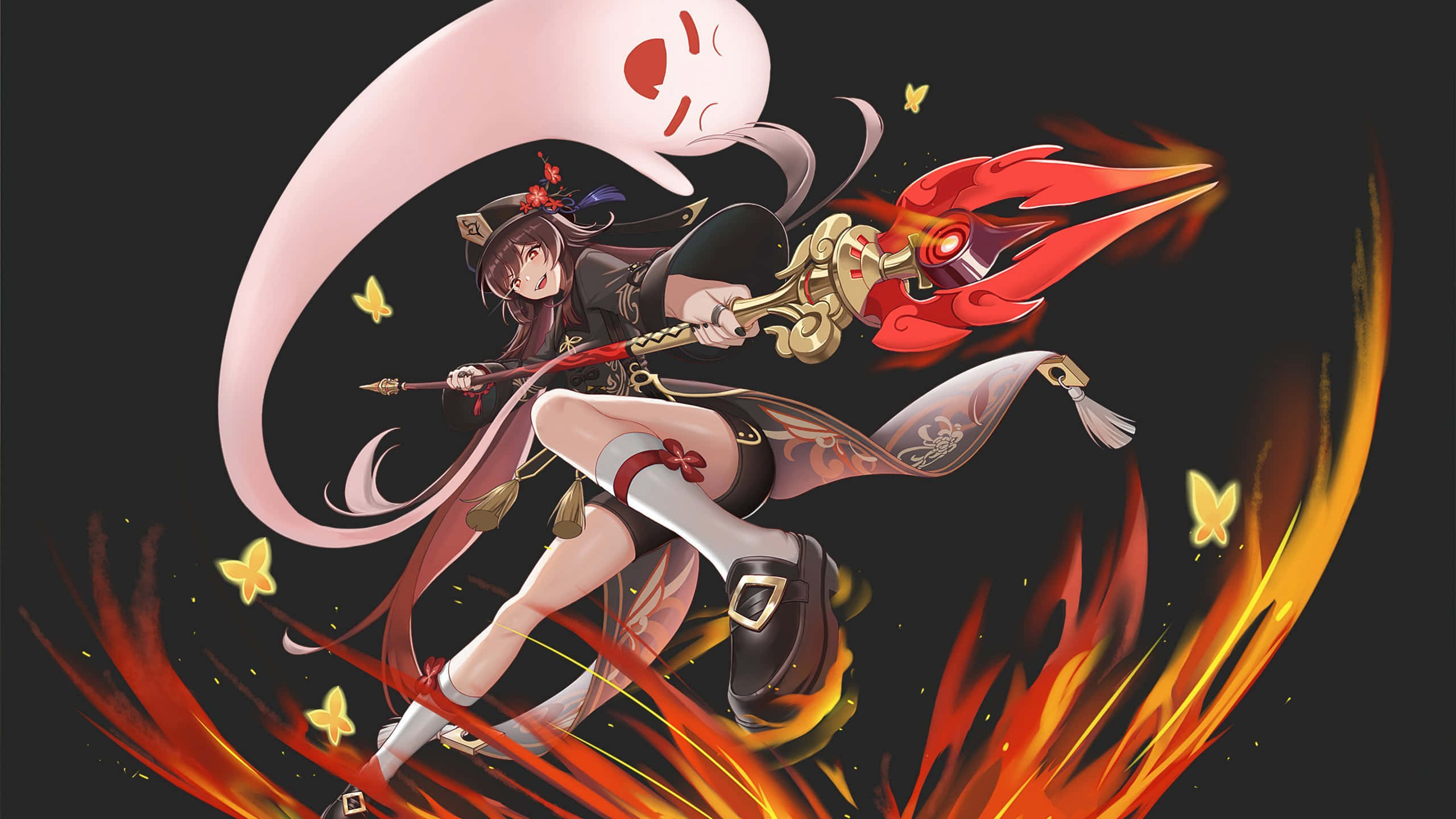 《原神》胡桃的壯麗視覺呈現 壁紙 — 一個充滿活力的動漫女孩揮舞著火焰武器，粉紅色的幽靈在她周圍盤旋，伴隨著發光的蝴蝶。