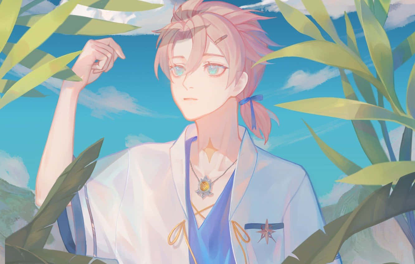 動漫男孩，粉紅色頭髮和藍色眼睛，穿著傳統服裝，在藍天下站在綠色樹葉中。