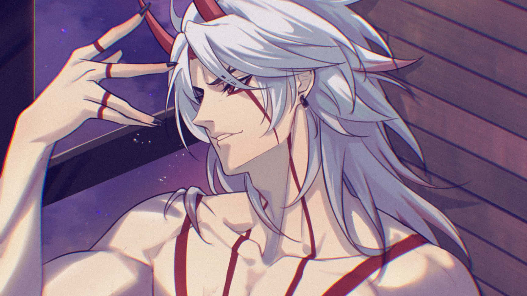 動畫惡魔，銀髮紅角，在夜間星空下擺姿勢。