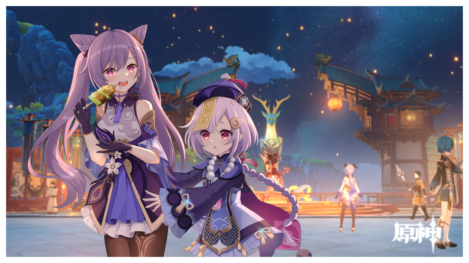 星空下夜祭中的兩個貓耳動漫女孩。