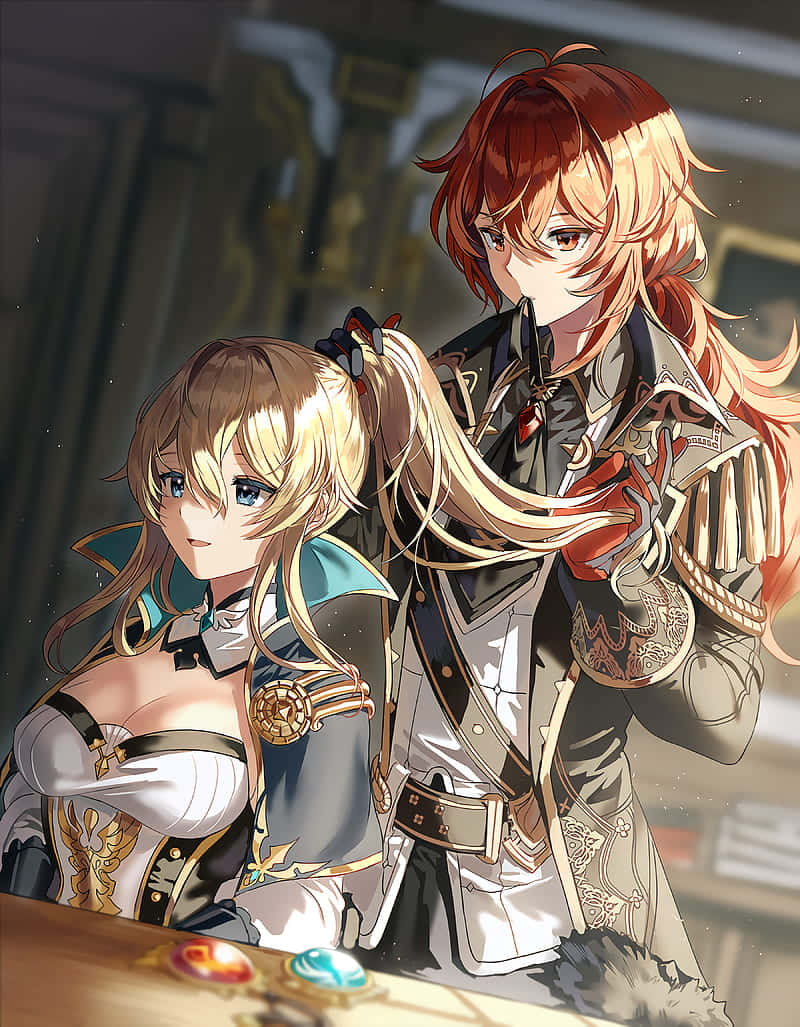 《原神》迪盧克為讓·整理髮型配對頭像 壁紙 — 兩個身穿華麗奇幻盔甲的動漫角色，在溫暖燈光、金色點綴的室內緊密站立。