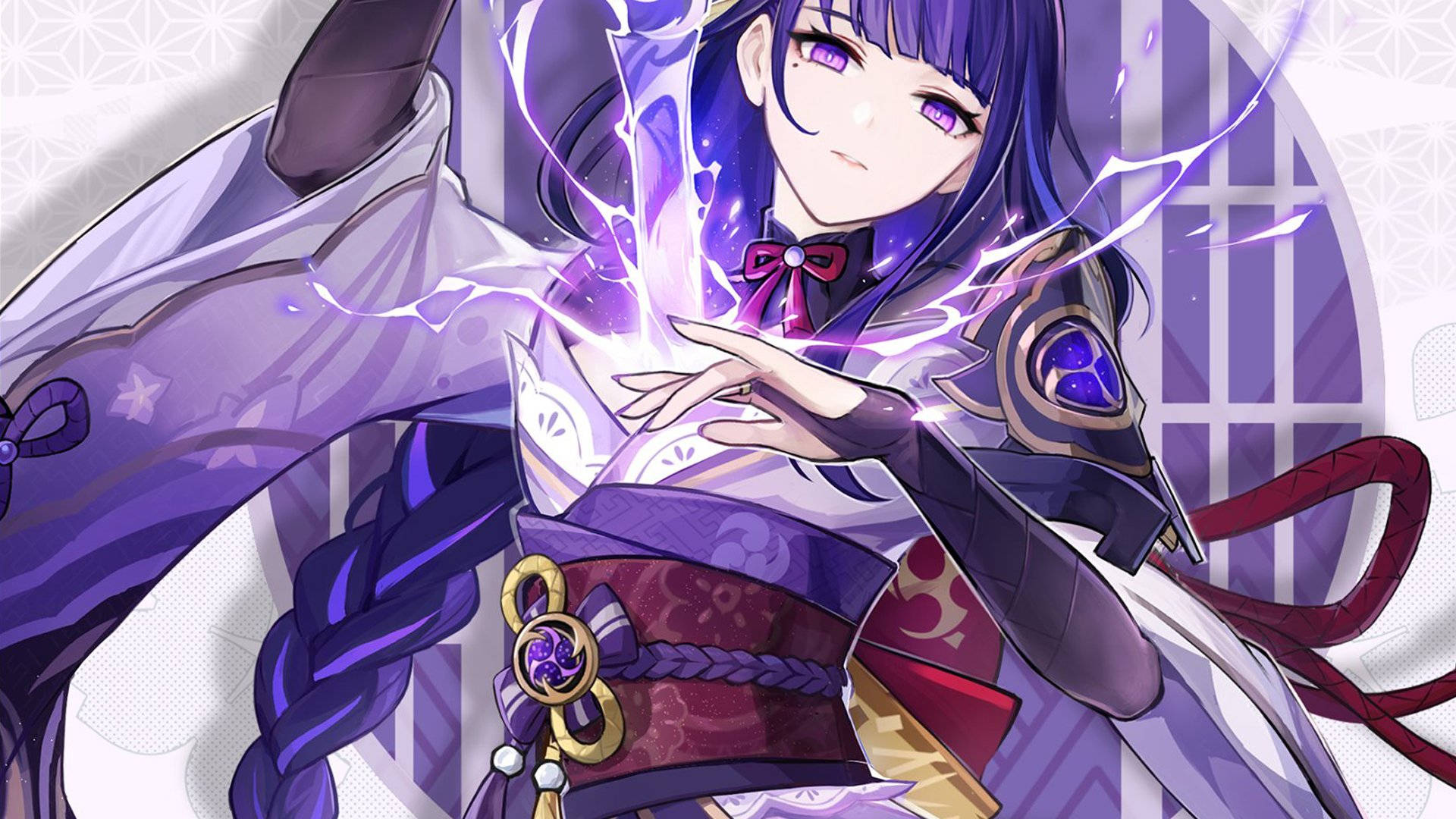 紫髮動漫少女穿著傳統服飾引導電系魔法。