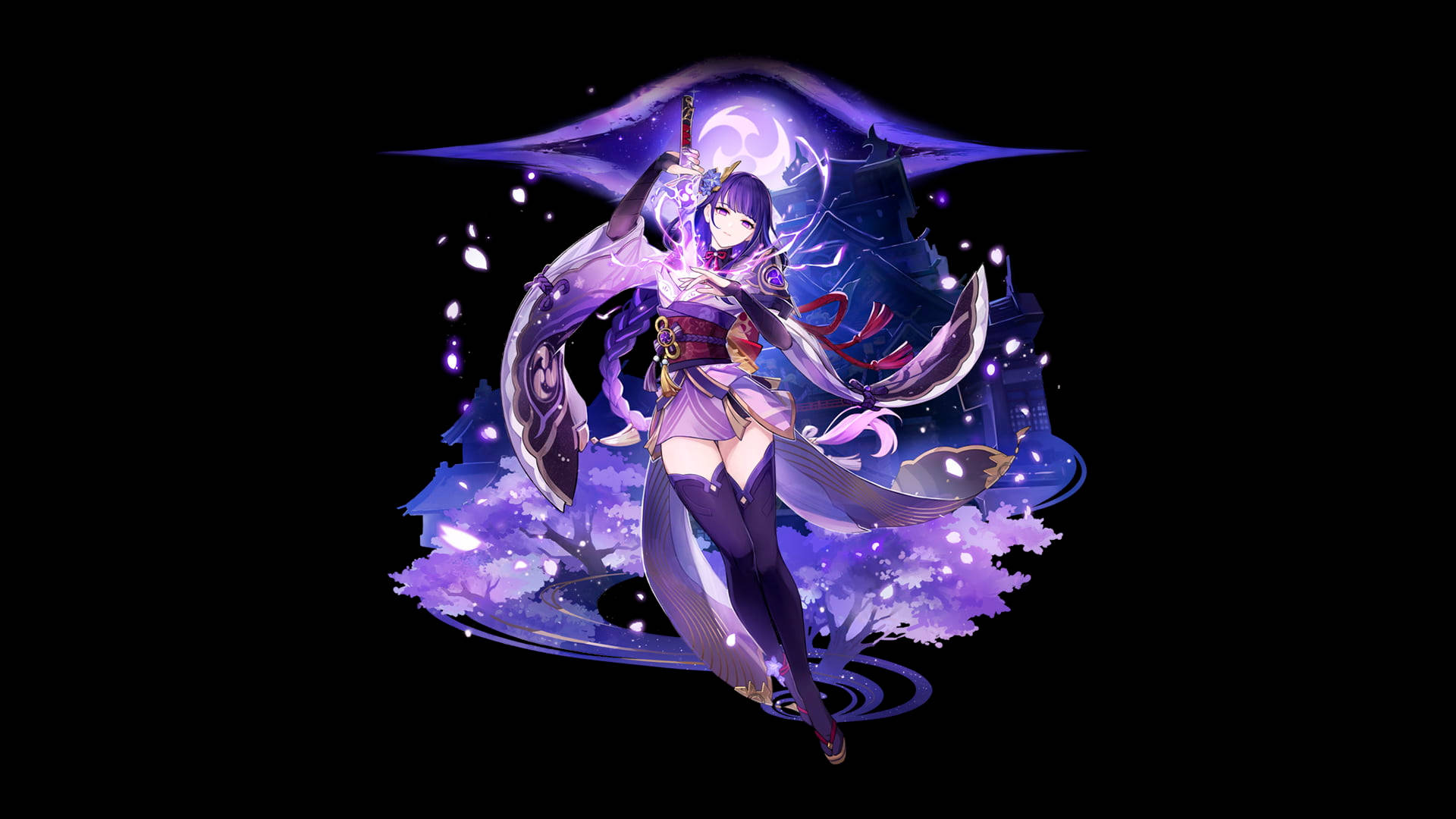 紫髮持劍的動漫女孩，被發光的櫻花和月亮包圍。