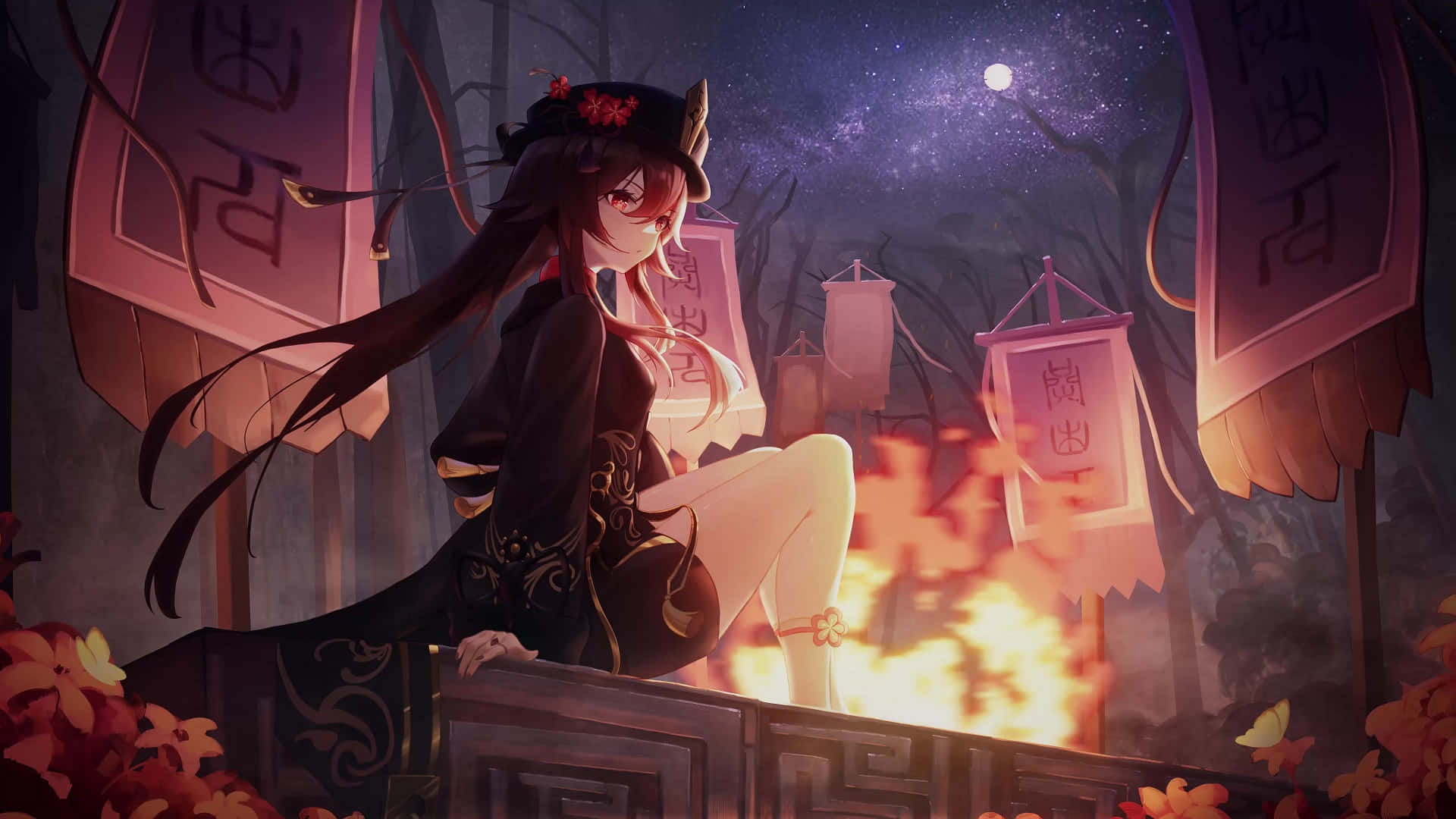 黑色和服動漫女孩，營火旁星空下，燈籠和秋葉