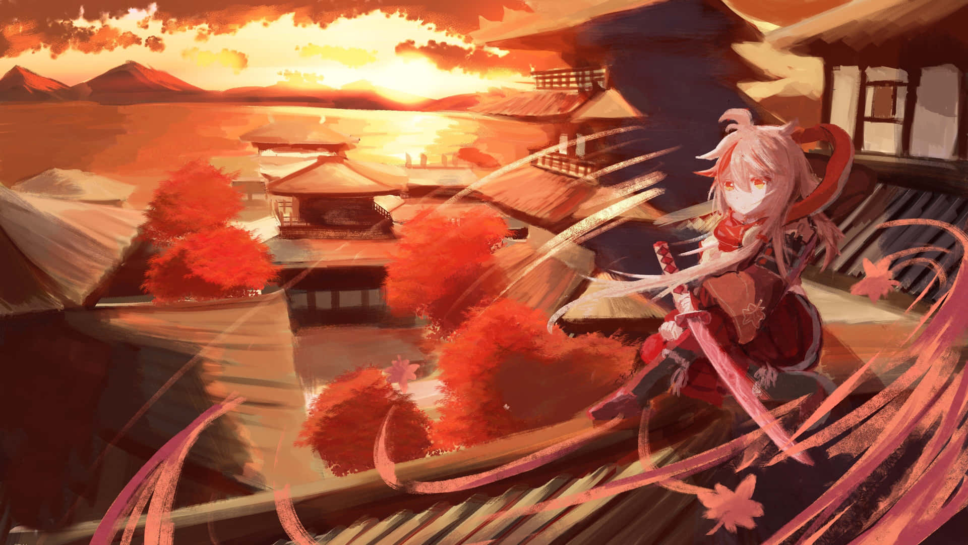 穿著紅色武士服的動漫女孩，在火紅的秋日落日中站在日本屋頂上。