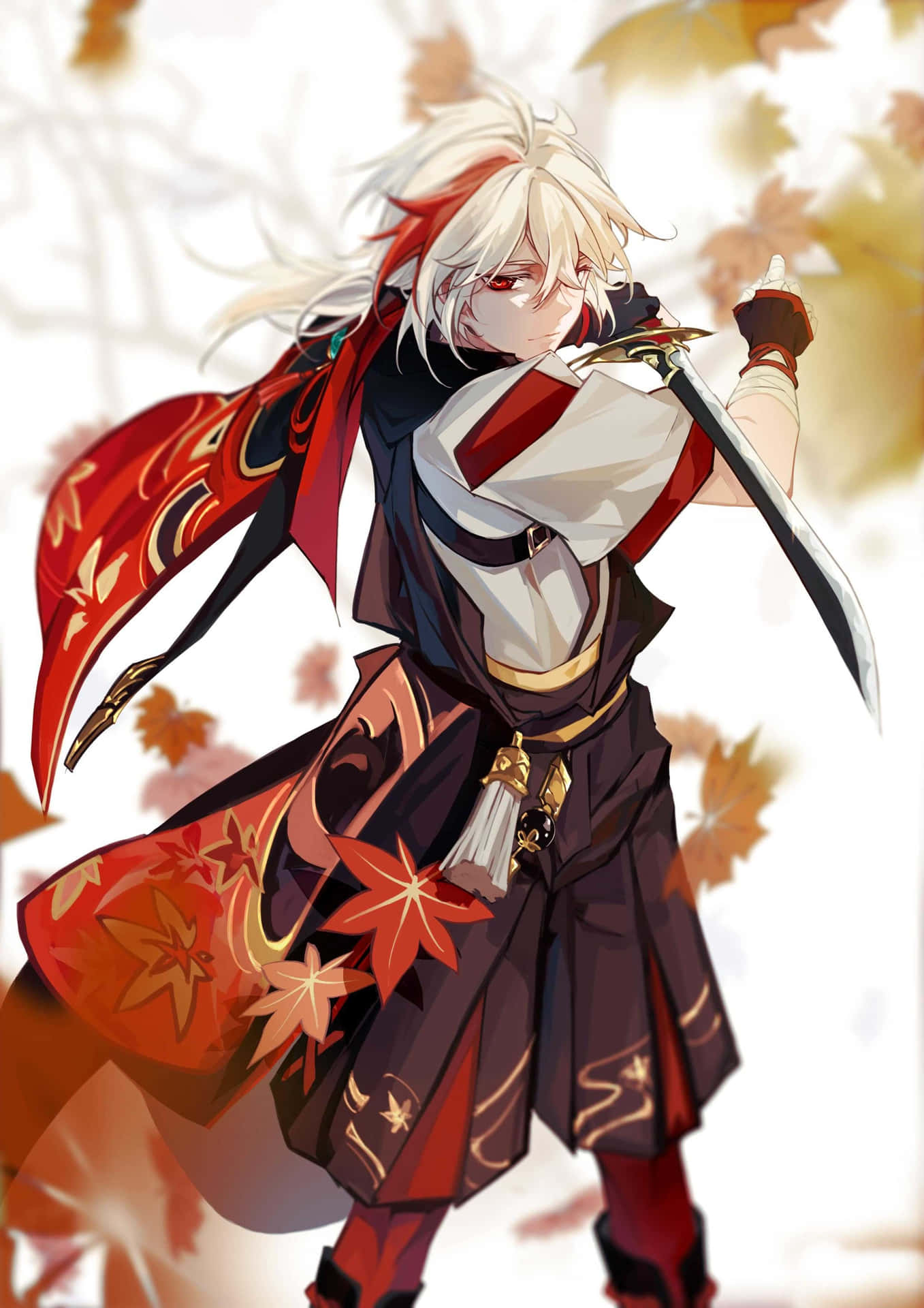白髮紅披風的動漫武士戰士在秋葉中持劍。