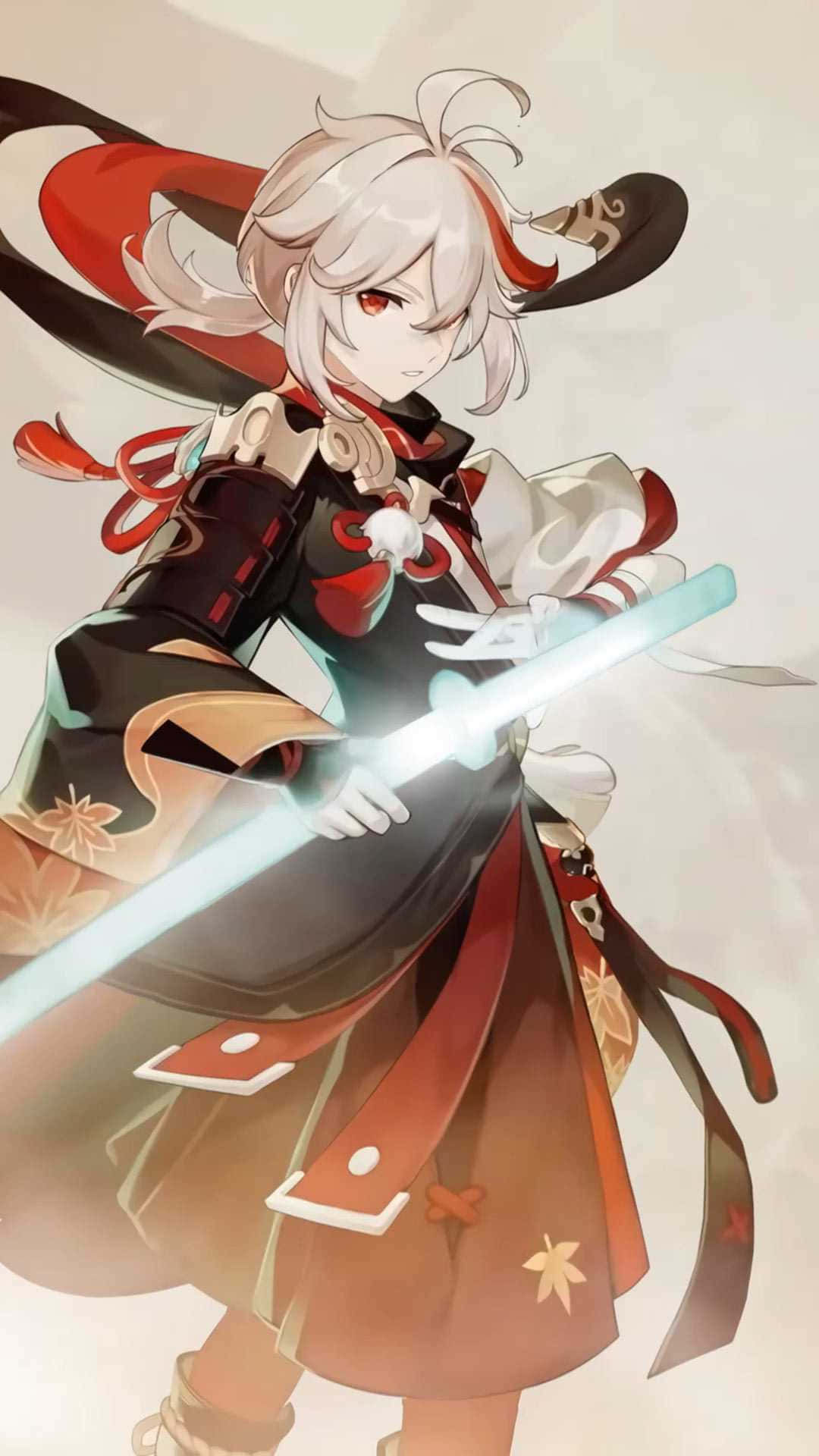 動漫戰士白髮紅眼，以動態姿勢手持發光劍。