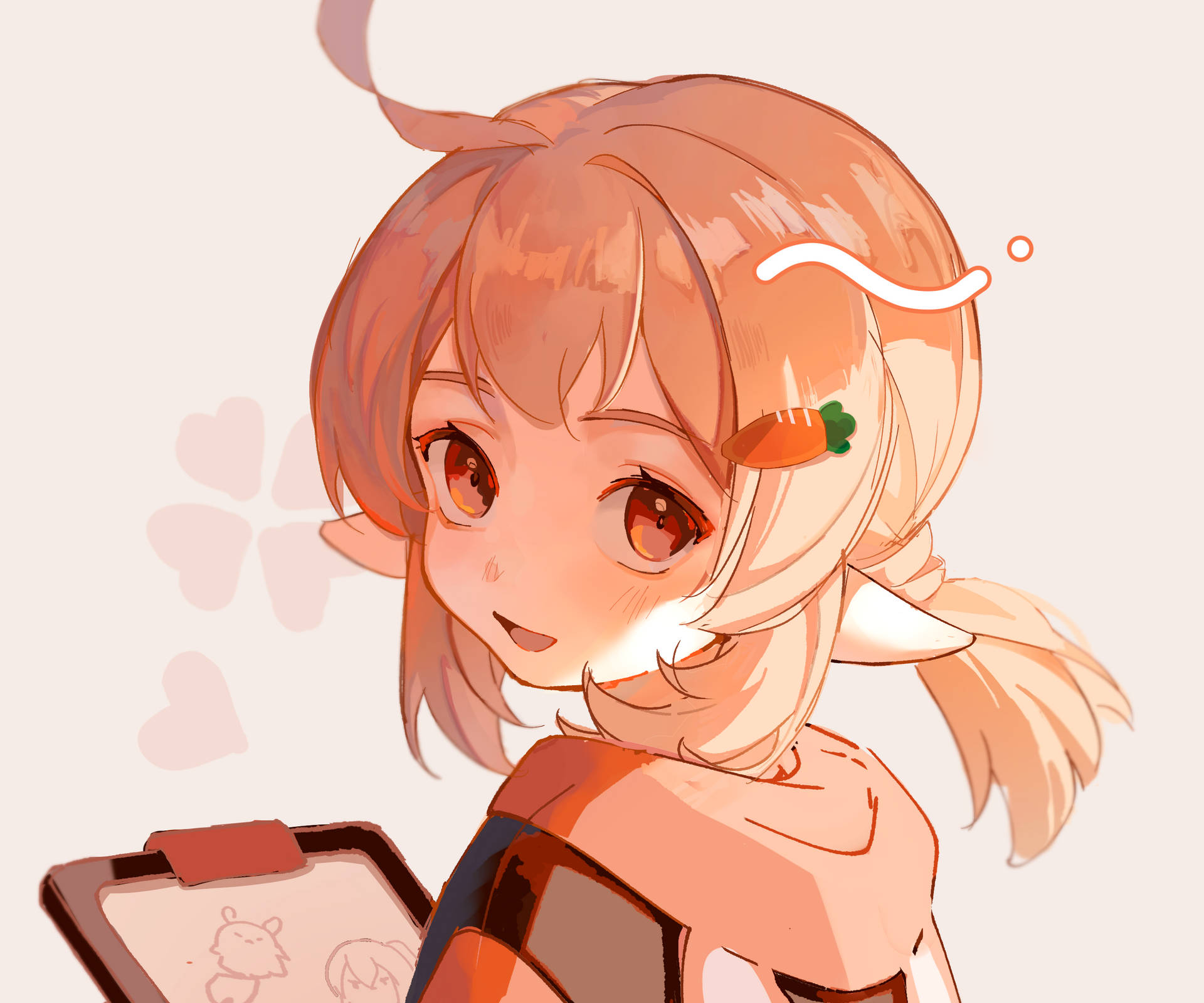 戴著胡蘿蔔髮夾的動漫女孩微笑著手持素描本。